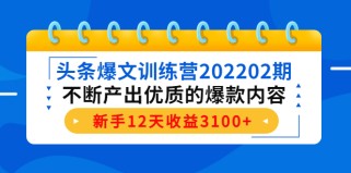 头条爆文训练营202202期，不断产出优质的爆款内容，新手12天收益3100+