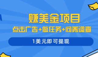 多种赚美金玩法的赚钱项目，点击广告+做任务+问券调查，1美元即可提现