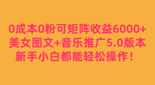 0成本0粉可矩阵月收益6000+，美女图文+音乐推广5.0版本，新手小白都能轻松操作！