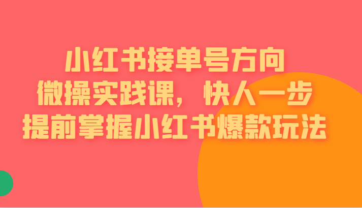 小红书接单号方向微操实践课，快人一步提前掌握小红书爆款玩法